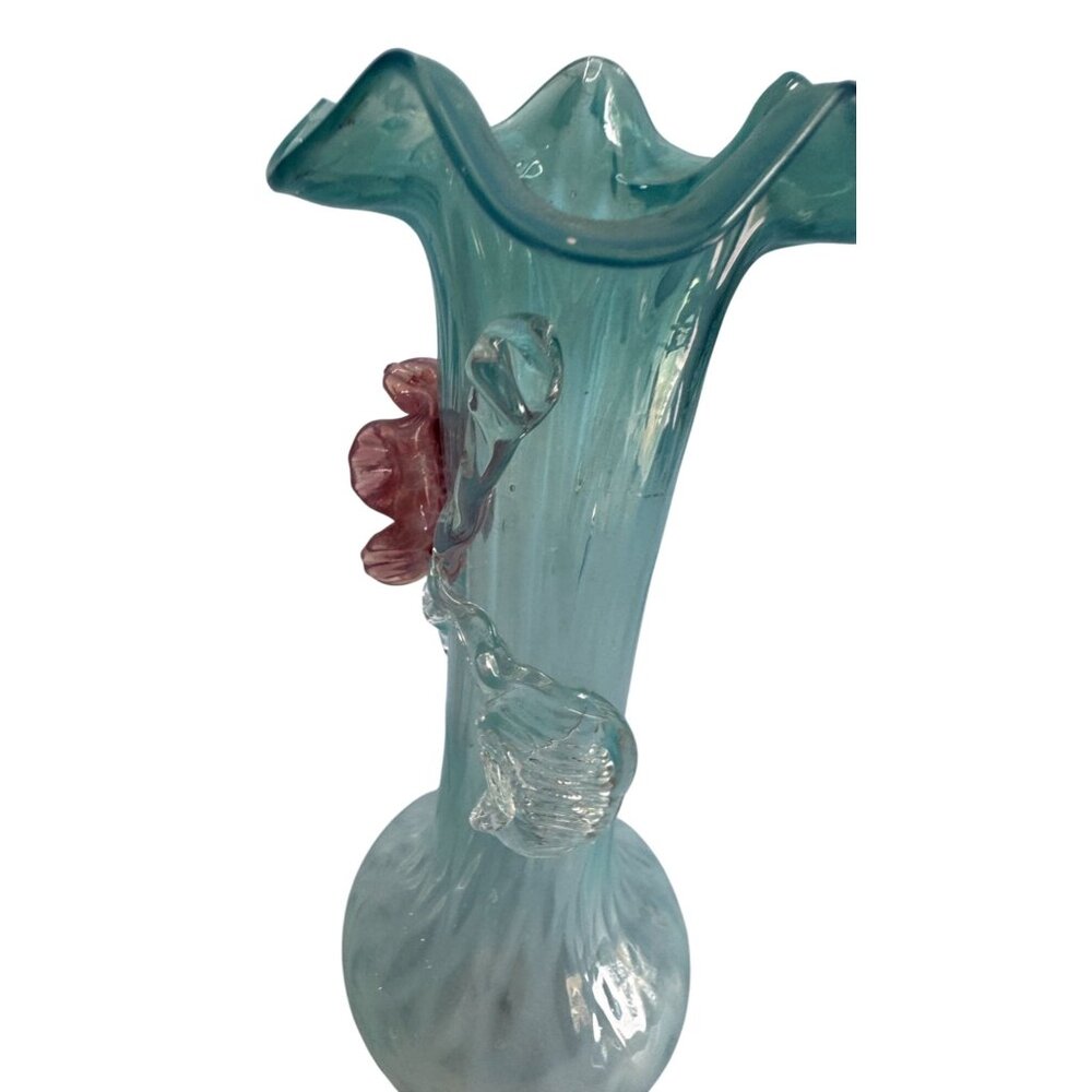 Handcrafted Blue Lace Glass Vase With Pink Rose Embellishment 7" - Picture 4 of 7